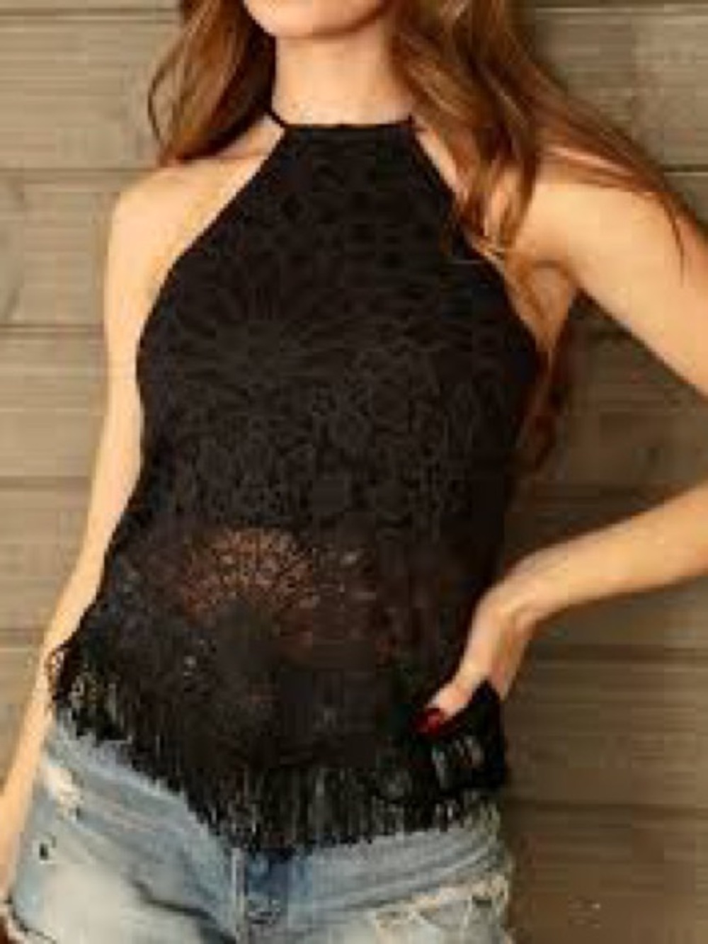 Forever 21 Black Crochet Halter Camisole with Fringe